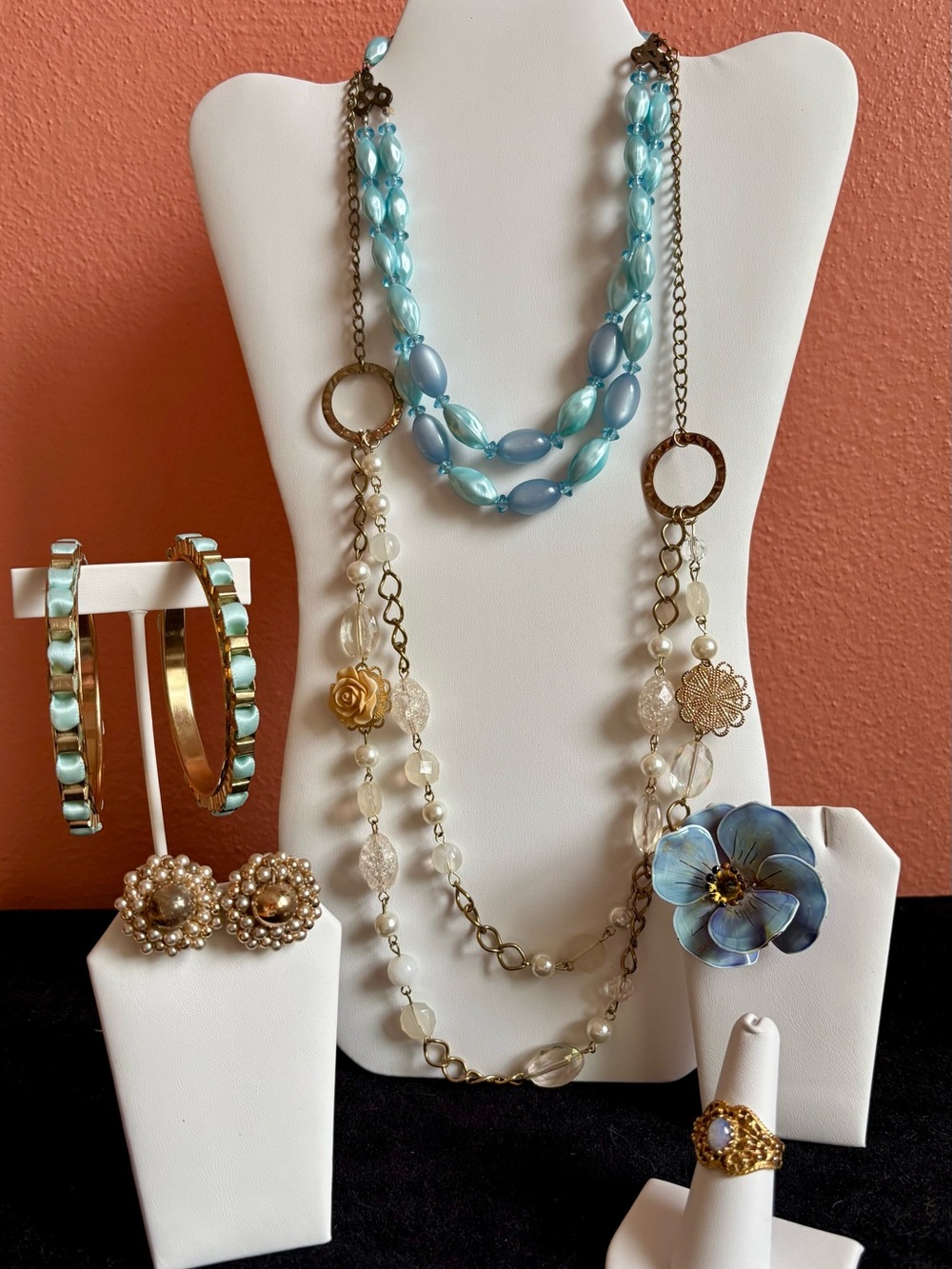 Blue & Gold Jewelry Lot – Necklaces Bracelets Earrings Ring